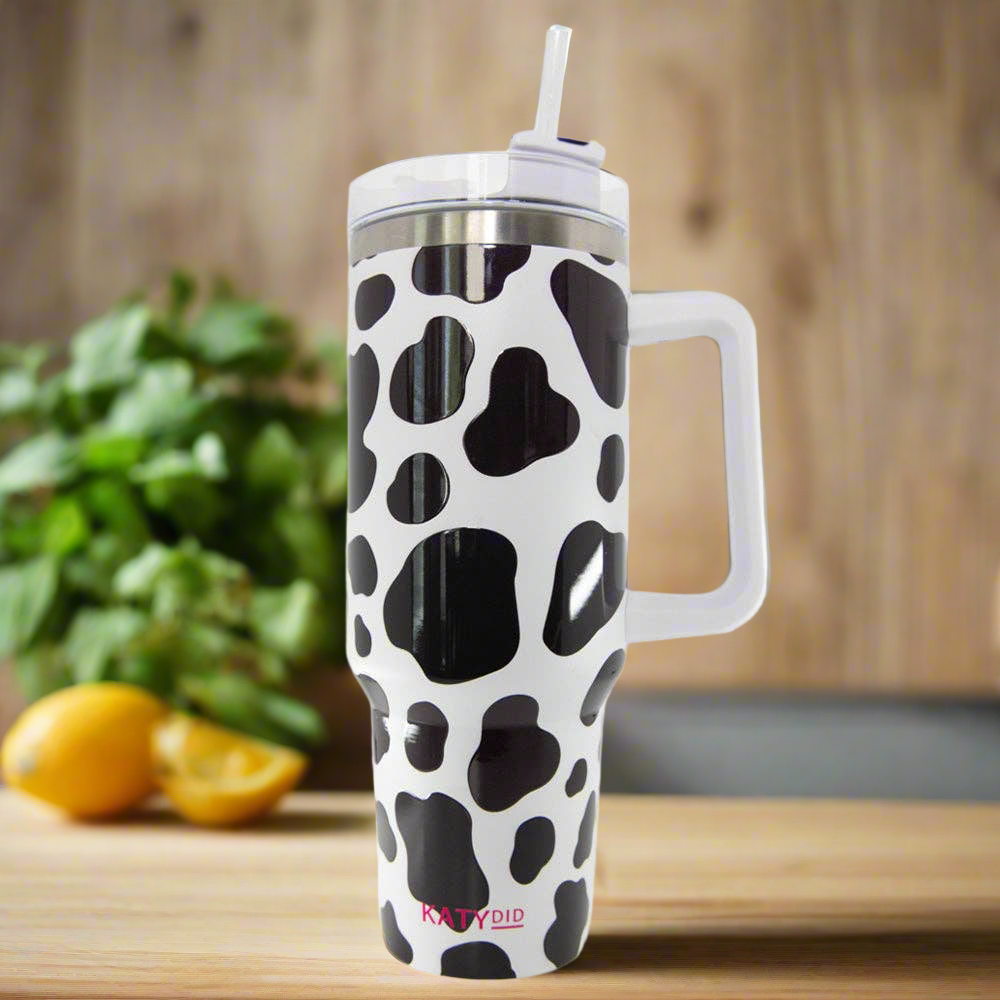Black/White Cow Print Tumbler Cup with Handle: White