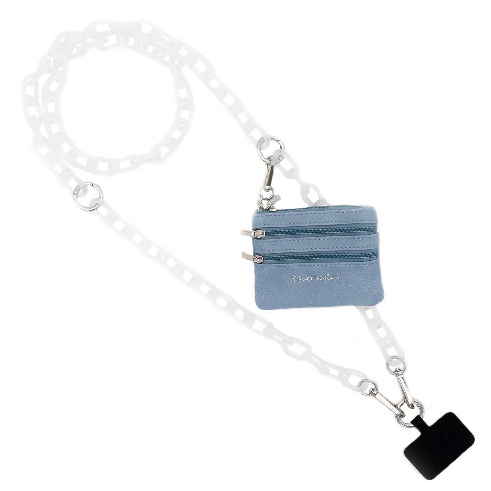 Clip & Go Crossbody Ice Chain Phone Accessory : White Chain with Blue Pouch