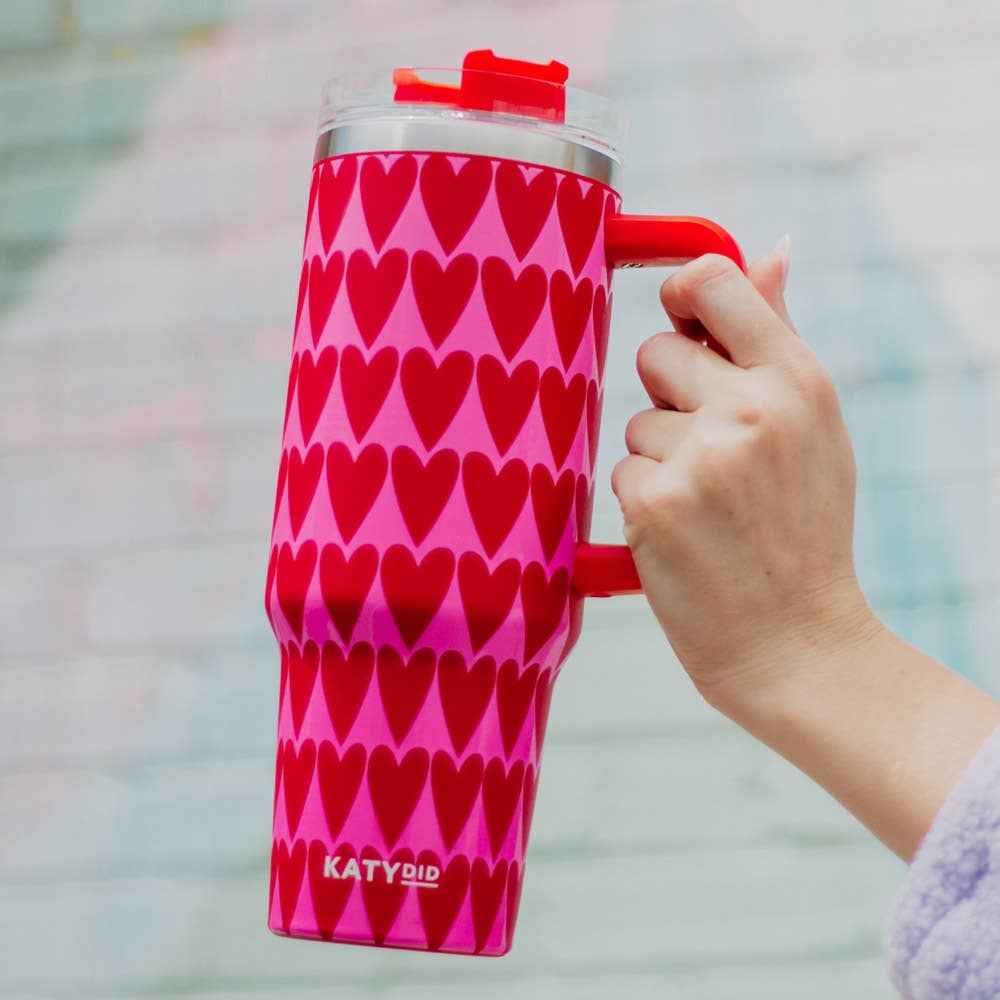 40 oz Red Hearts Pattern Tumbler with Handle and Straw