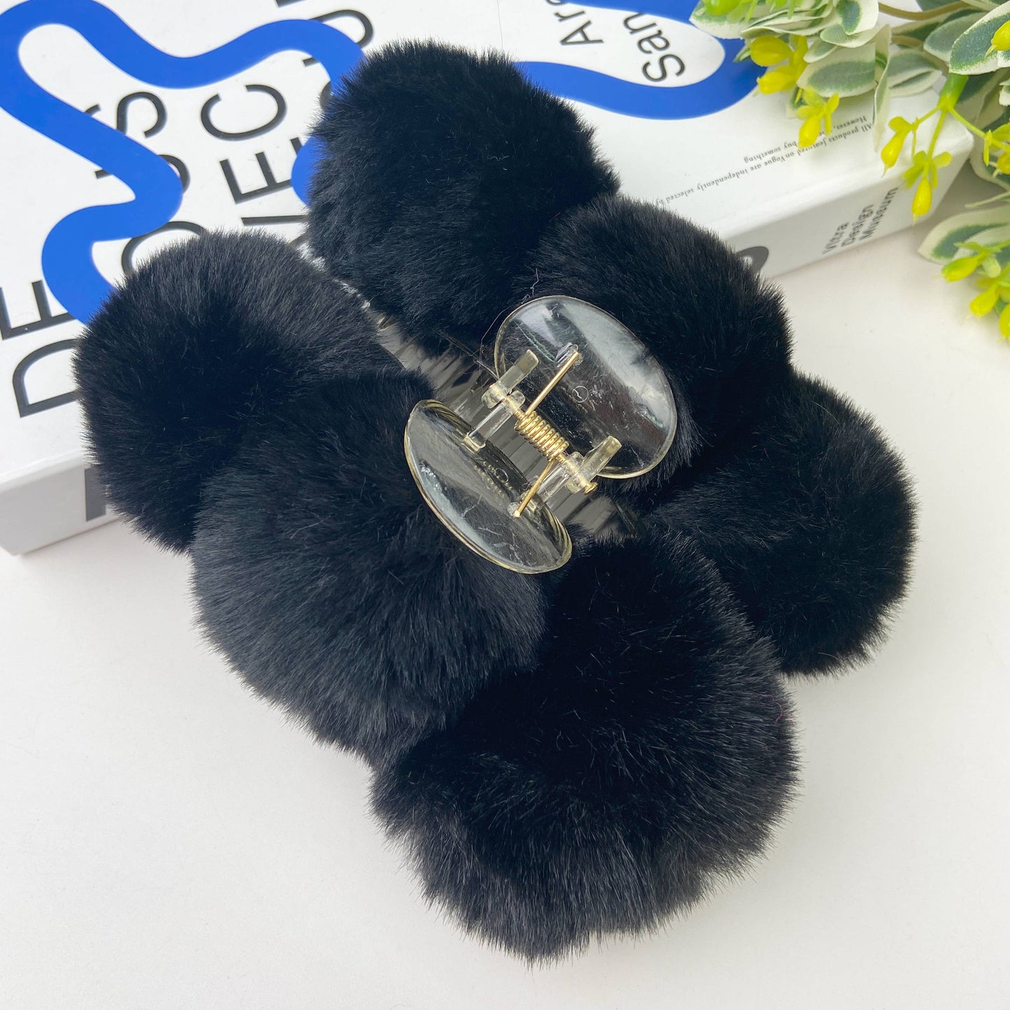 Grace Fluffy Dark Rabbit Fur Hair Clip: Black