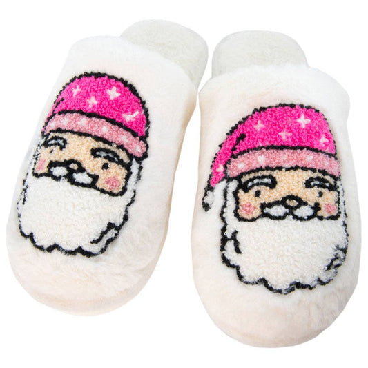 Pink Santa Face Women's House Slippers: White / M/L