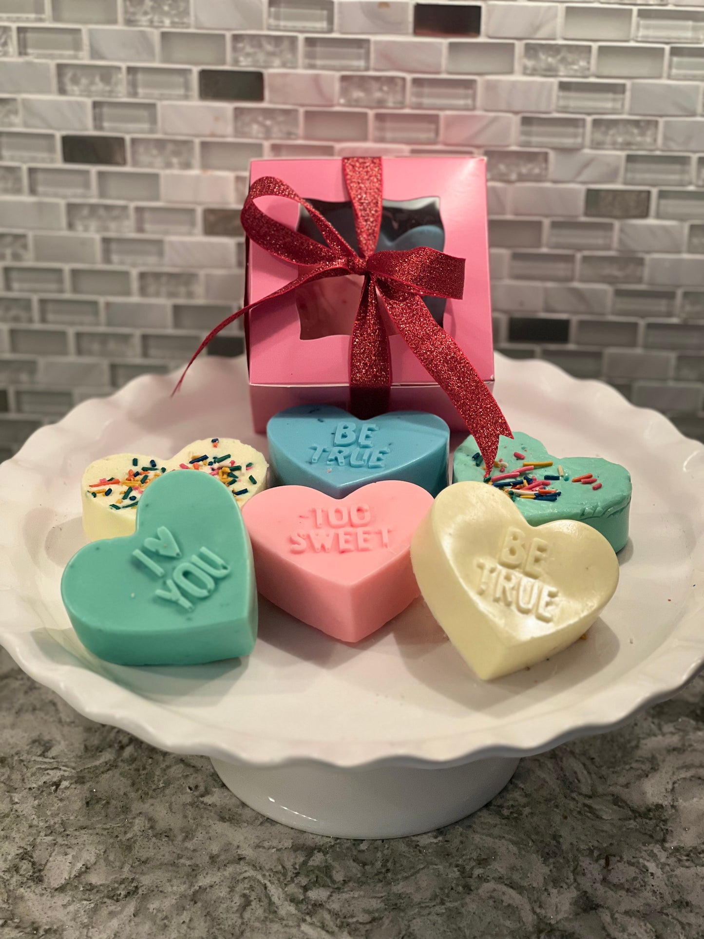 Gift Set of 2 full size conversation heart soaps wrapped  in a decorative pink box