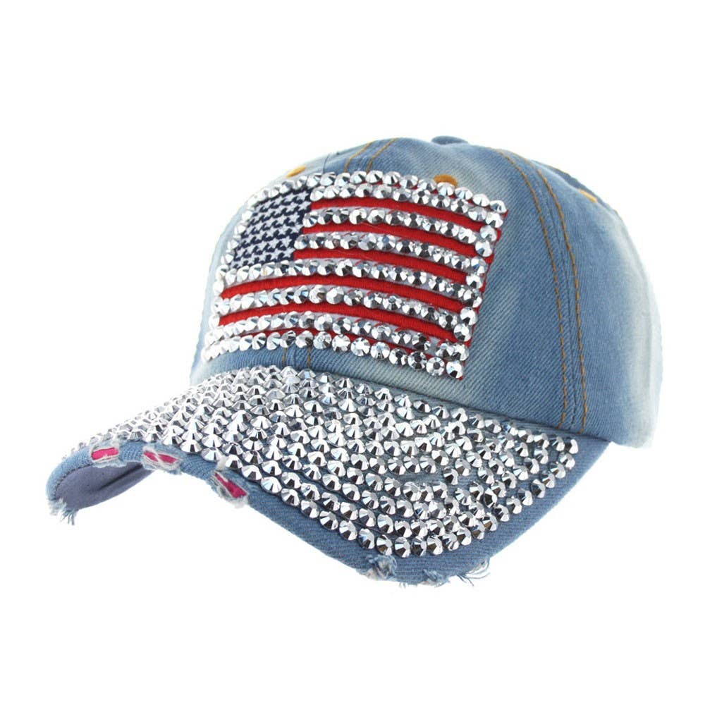 Rhinestone Embellished American Flag Denim Baseball Cap: Light Blue