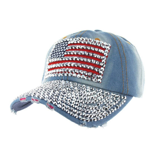Rhinestone Embellished American Flag Denim Baseball Cap: Light Blue