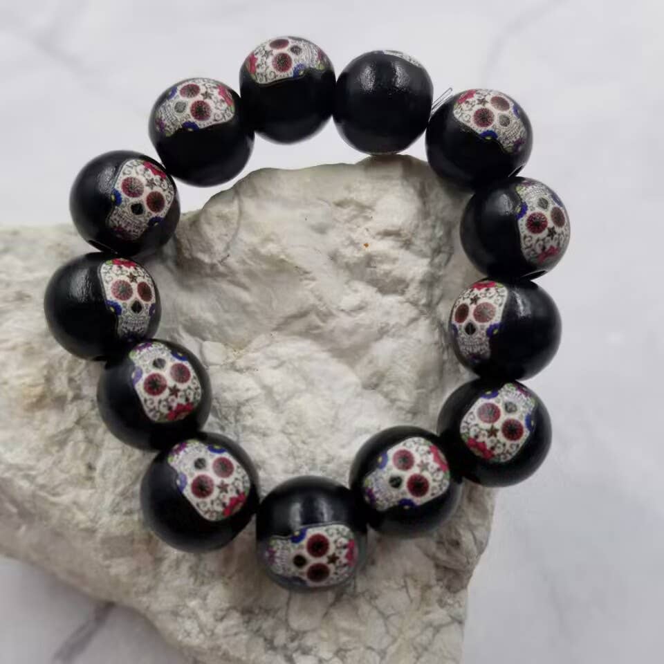 Sugar Skull Black Wood Beaded Bracelet