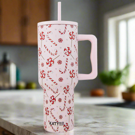 Candy Canes Christmas Tumbler Cup w/ Handle: Light Pink