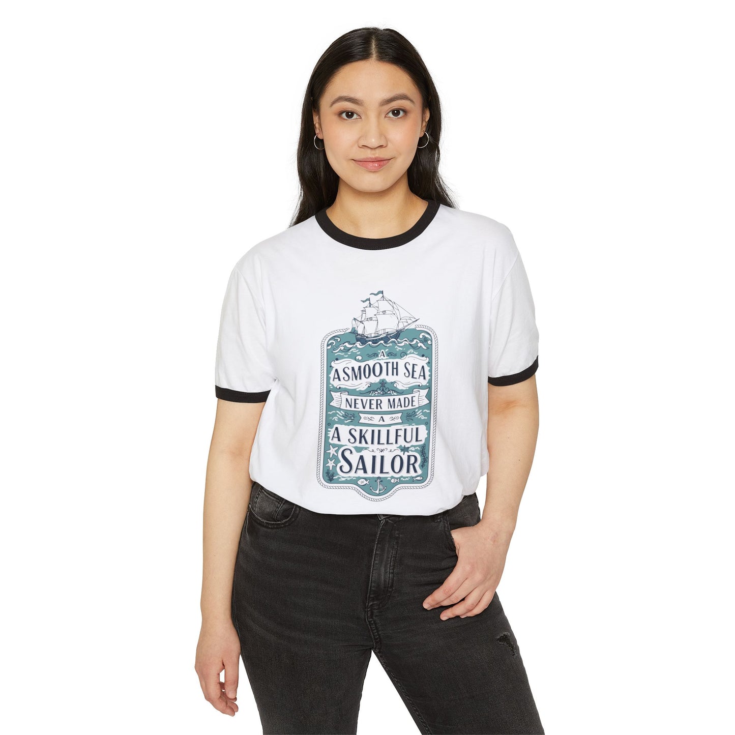 Unisex Cotton Ringer T-Shirt - 'Smooth Seas Never Made a Skillful Sailor' Vintage Nautical Tee