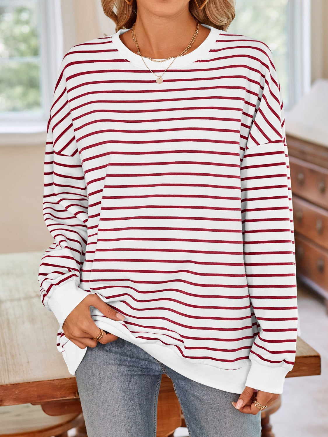 Striped Round Neck Long Sleeve Sweatshirt