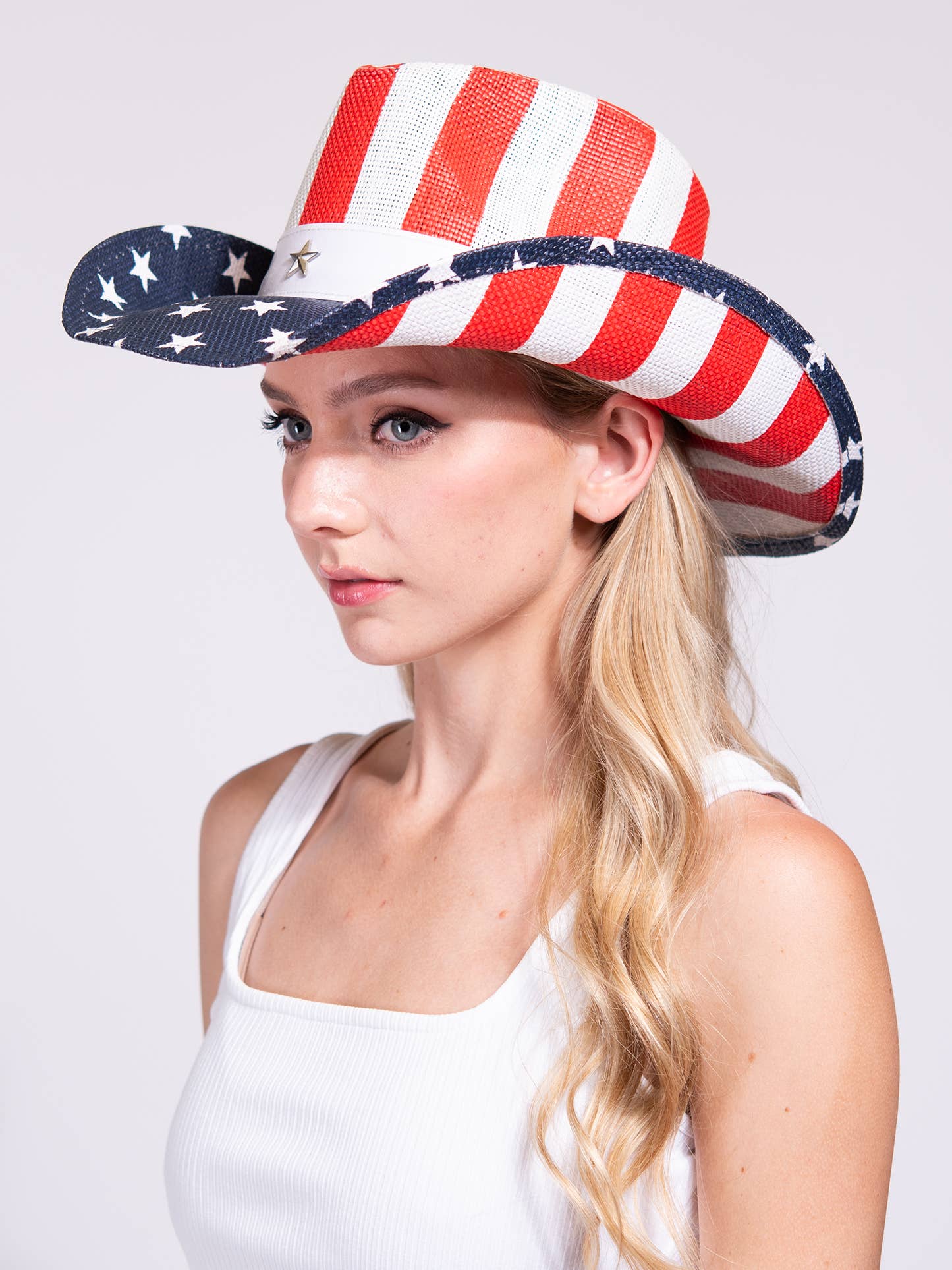 Western Wide Brim Paper Braid Cowboy Hat with Star Studs: White