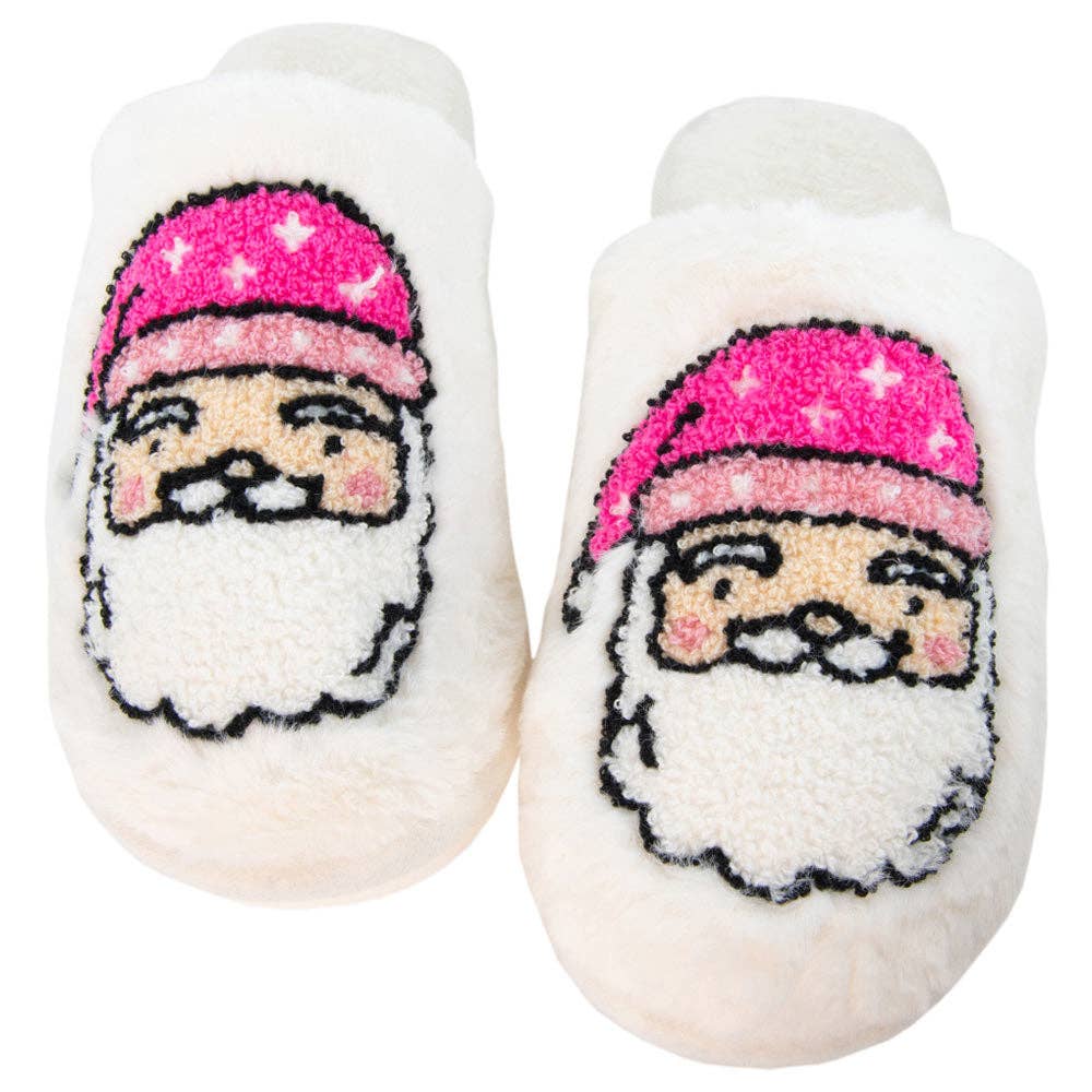 Pink Santa Face Women's House Slippers: White / M/L