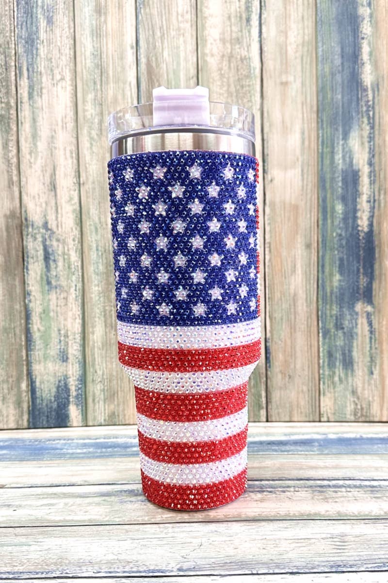 Blinged out American FLAG STAINLESS STEEL TUMBLERS  40oz