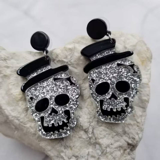 Goth Sparkle Skull Halloween Earrings