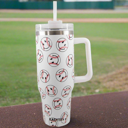 Baseball Happy Faces Stainless Steel Tumbler Cup: White