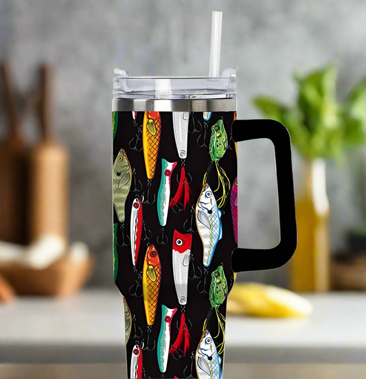 Fishing Lures Tumbler Cup with Straw: Black