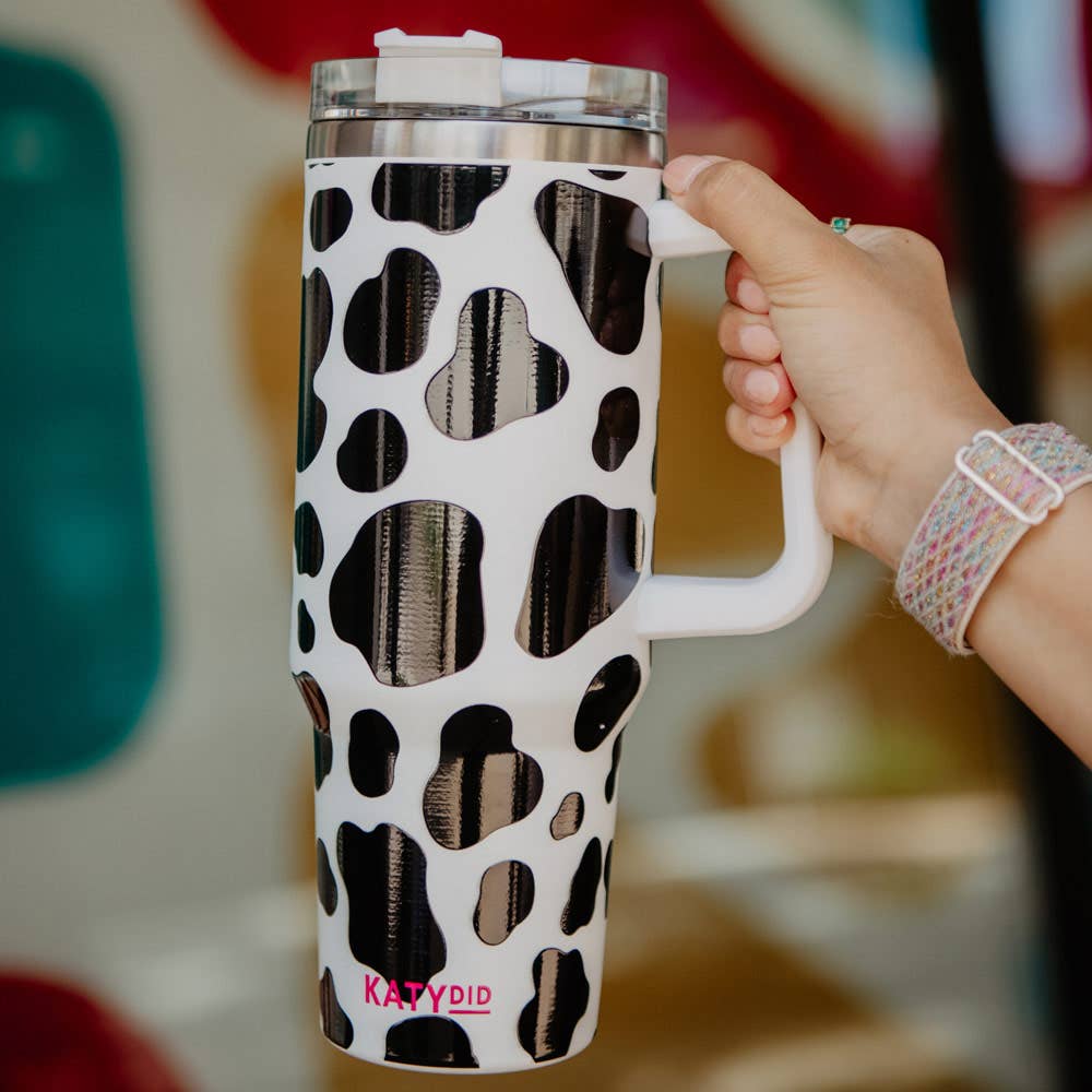 Black/White Cow Print Tumbler Cup with Handle: White