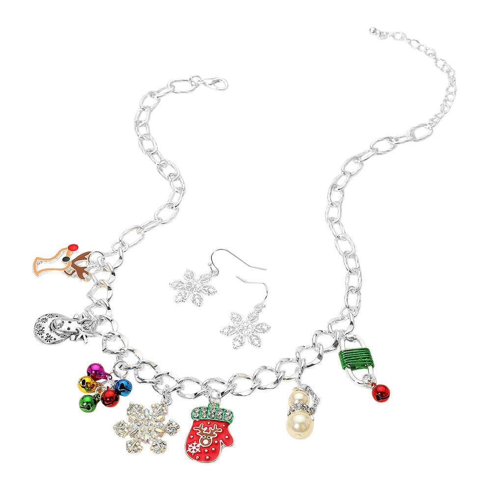 Christmas Mitten Reindeer Pearl Snowflake Charm Station Necklace: Multi Silver