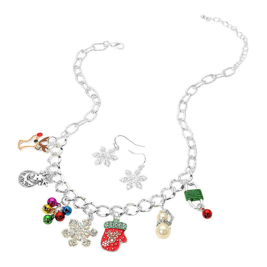 Christmas Mitten Reindeer Pearl Snowflake Charm Station Necklace: Multi Silver