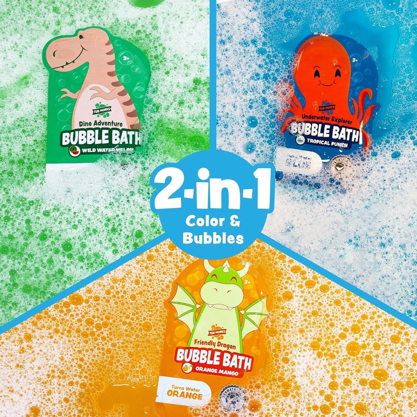 Tub Works® Magical Kids Bubble Bath | Green, Blue & Orange Bath Colors