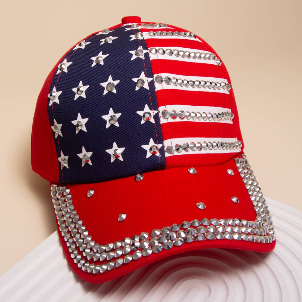 American Flag Rhinestone Embellished Baseball Cap: Red