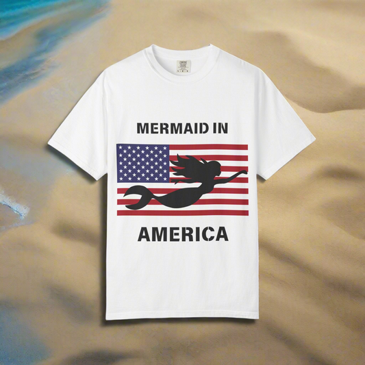 Mermaid in America T-Shirt, Summer Vibes Tee, Patriotic Apparel for Beach Lovers, Perfect for July 4th, Gift for Mermaid Fans