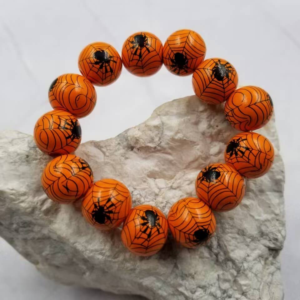 Wood Beaded Spider Goth Halloween Bracelet