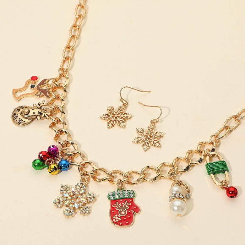 Christmas Mitten Reindeer Pearl Snowflake Charm Station Necklace: Multi Silver