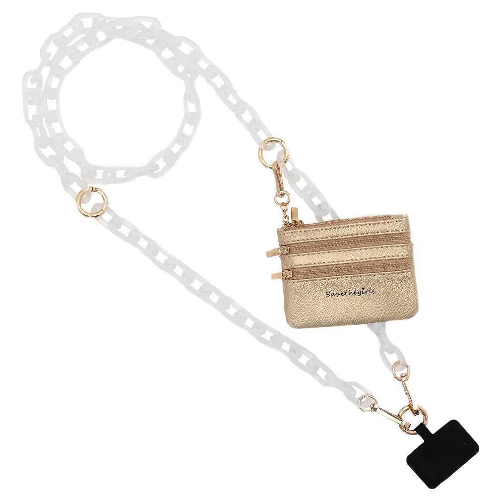 Clip & Go Crossbody Ice Chain Phone Accessory : White Chain with Golden Pouch