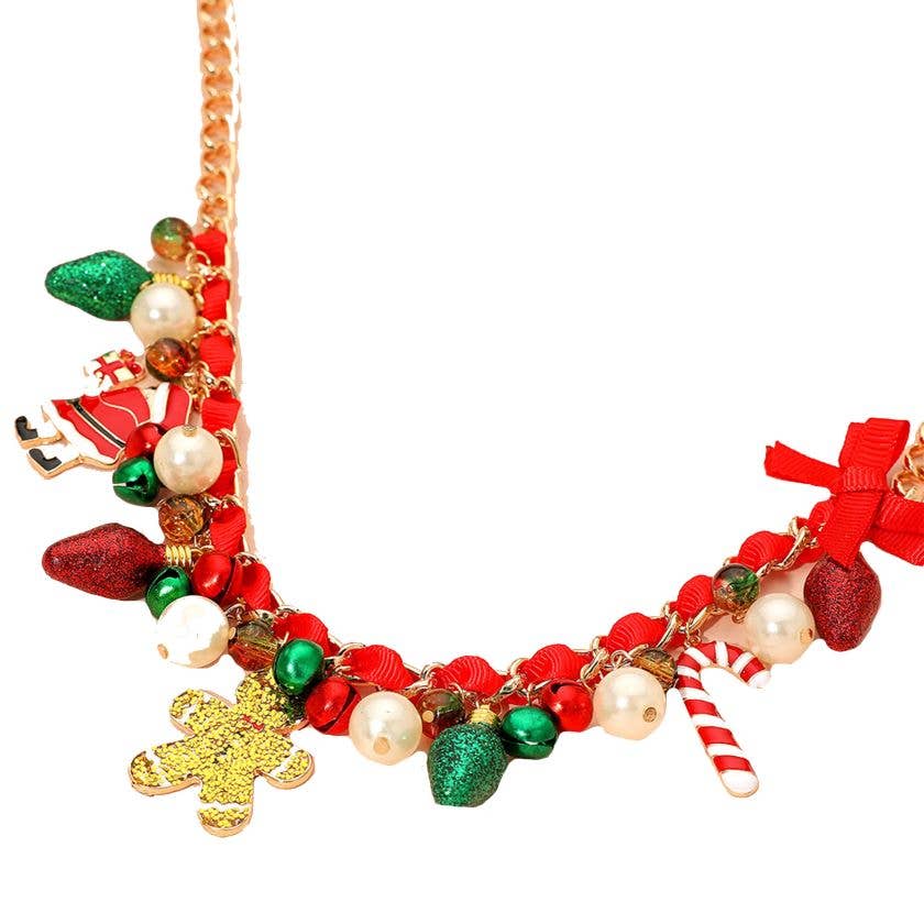 Holiday Santa Gingerbread Man Candy Cane Pearl Bow Charm Beaded Necklace: Gold Green Red