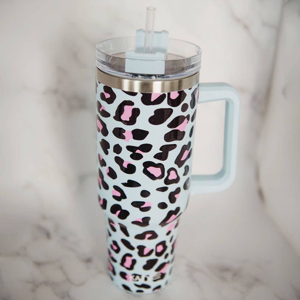 Blue Leopard Tumbler Cup with Handle: Light Blue