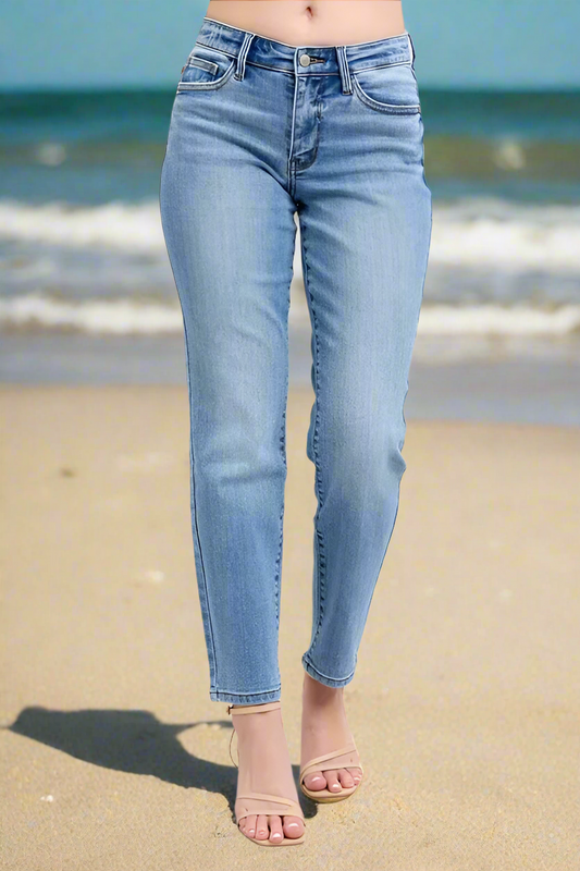Judy Blue Full Size Mid Rise Vintage Wash Slim Jeans with Cell Phone Pocket Plus Size