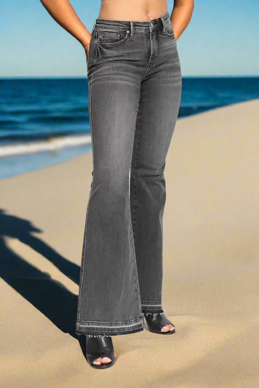Judy Blue Full Size Mid Rise Tummy Control Washed Gray Release Hem Flare Jeans Plus Size