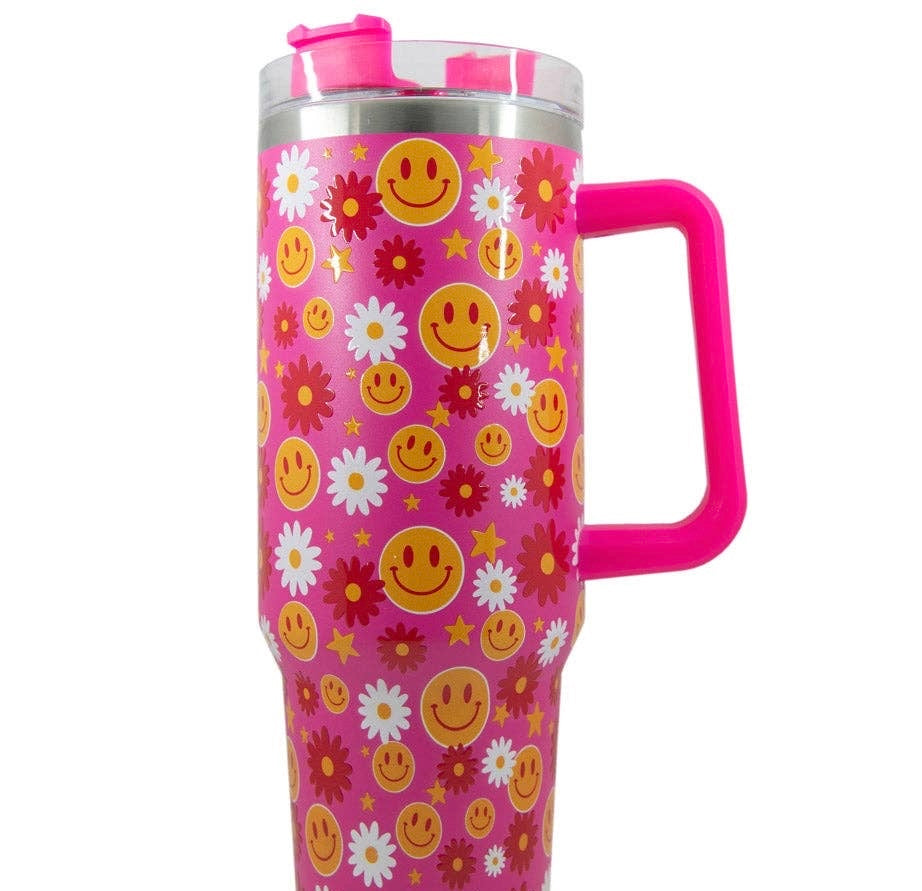 Red Flower Happy Face Stainless Steel Tumbler Cup: Hot Pink