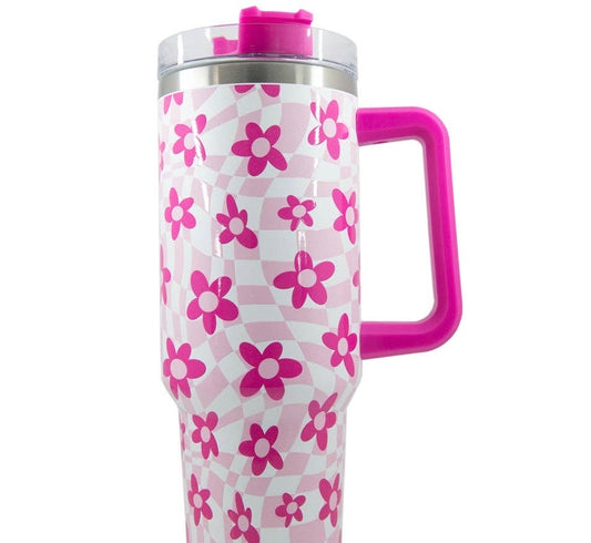 Pink Flower w/ Groovy Checkered Tumbler w/ Handle: Light Pink