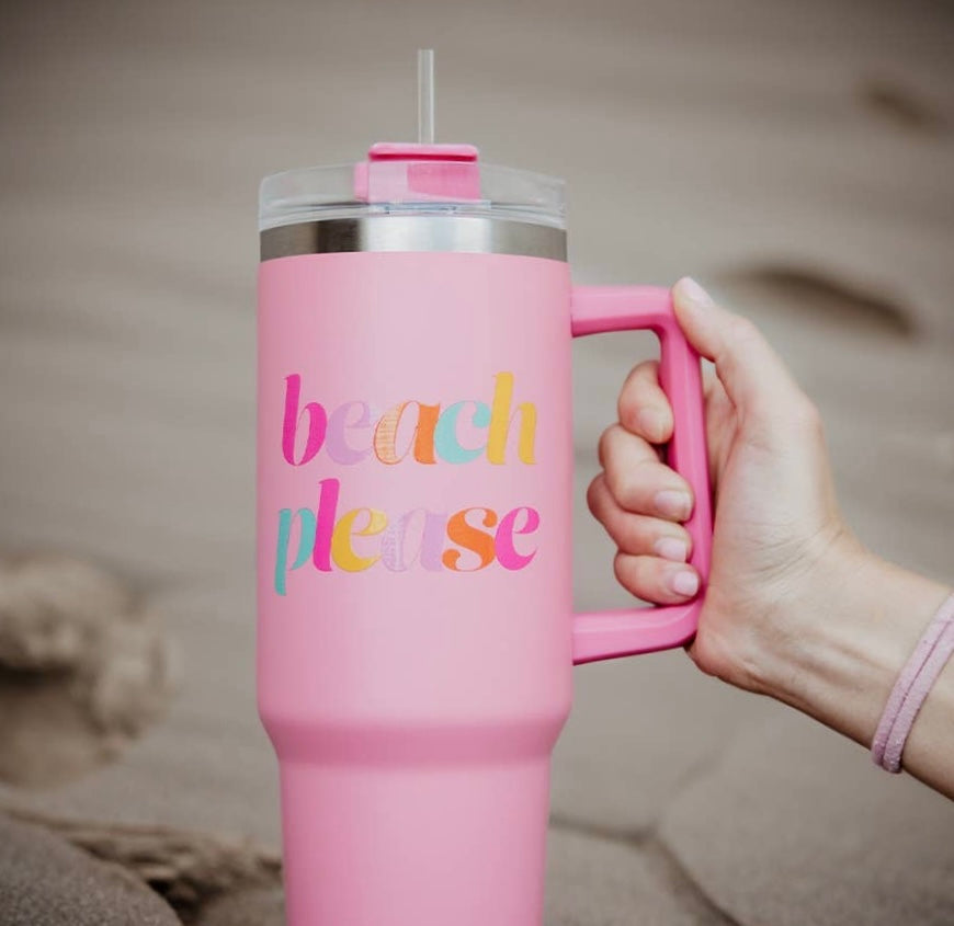 Light Pink Beach Please Tumbler Cup w/ Handle: Light Pink