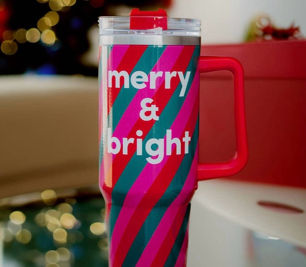 Merry & Bright Christmas 40 Oz Tumbler Cup: Multicolored Stripes