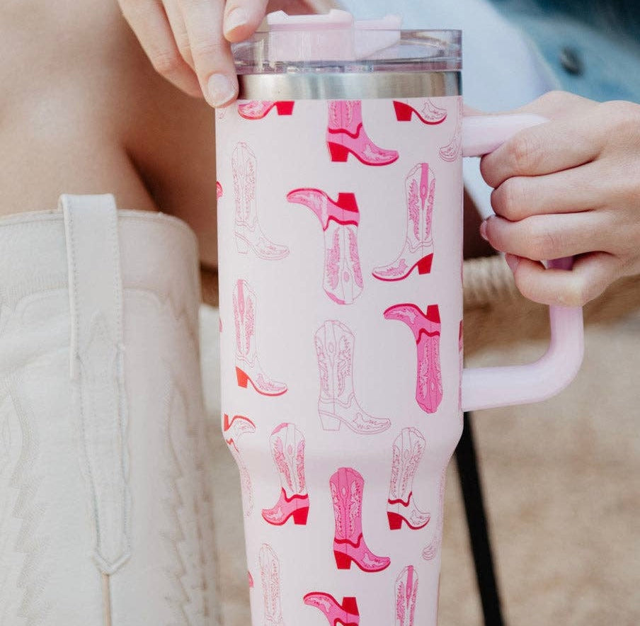 Light Pink Western Boots Tumbler Cup w/ Handle: Light Pink