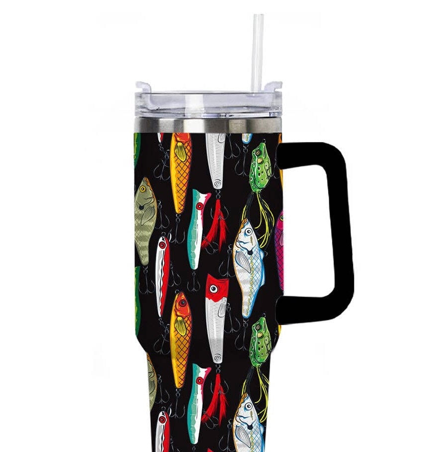 Fishing Lures Tumbler Cup with Straw: Black