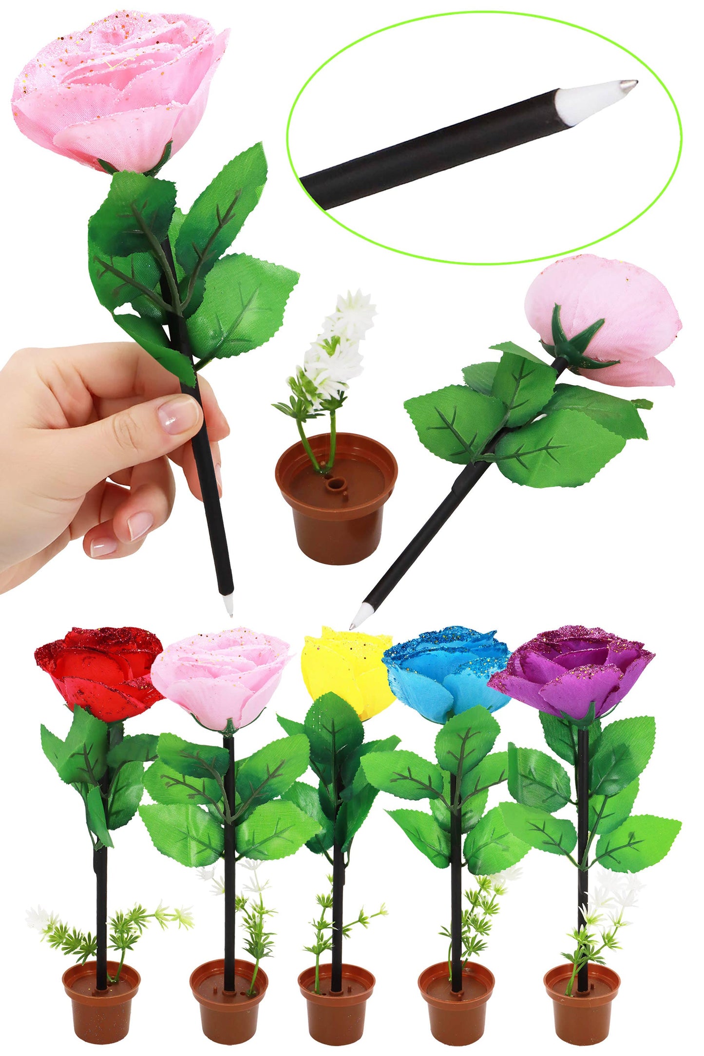 Glittery Rose Ballpoint Pen And Stand
