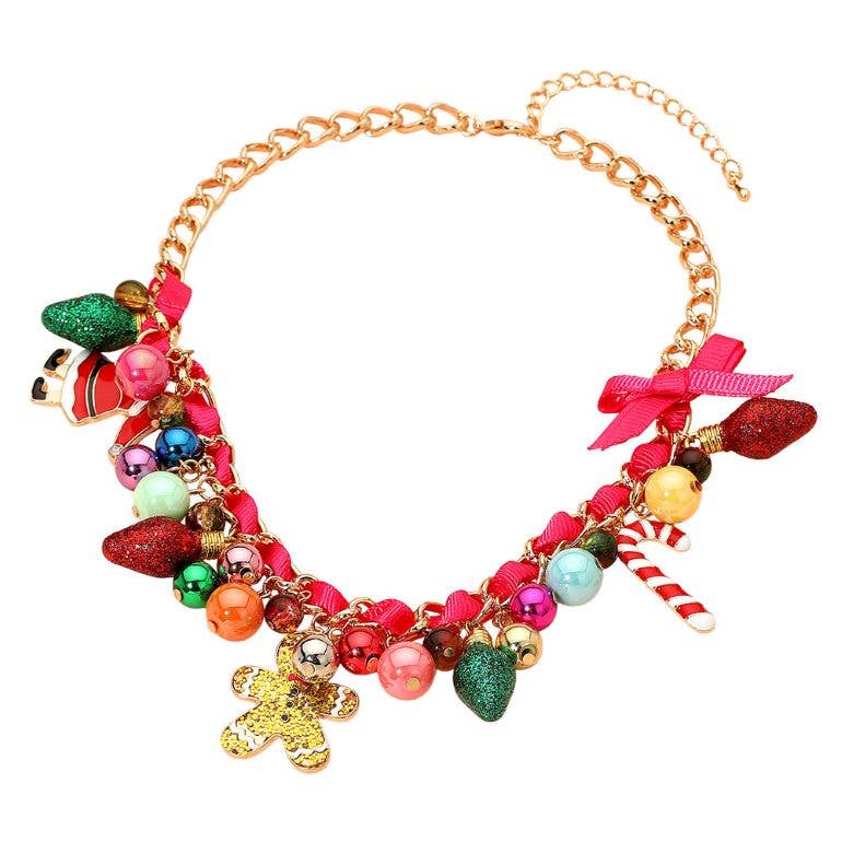 Holiday Santa Gingerbread Man Candy Cane Pearl Bow Charm Beaded Necklace: Gold Green Red