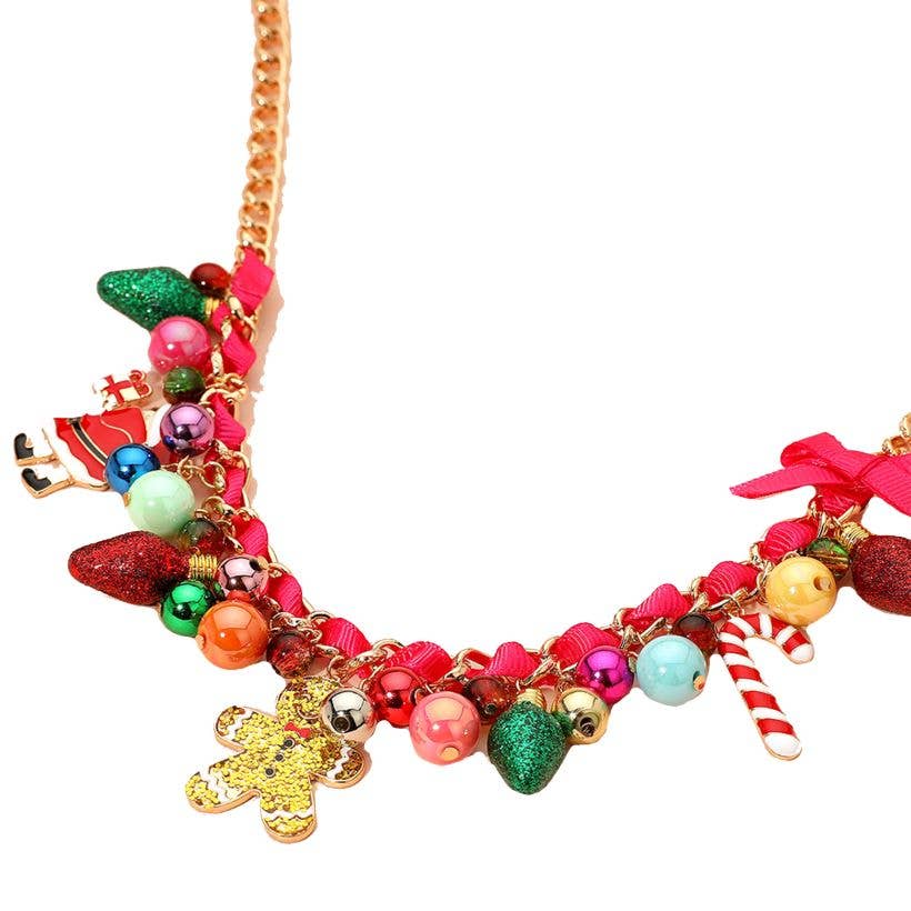 Holiday Santa Gingerbread Man Candy Cane Pearl Bow Charm Beaded Necklace: Gold Green Red