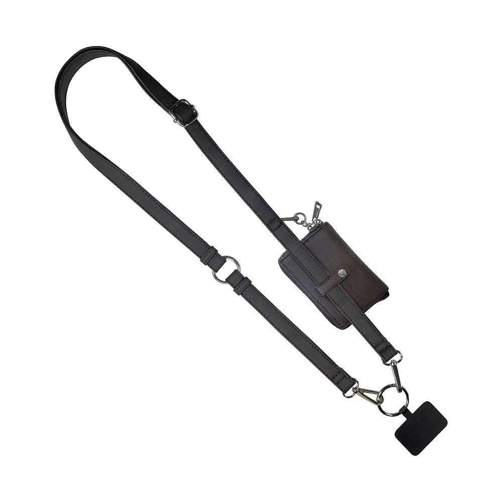 Clip & Go Brushed Vegan Leather Phone Lanyard - Rfid Pouch: Black - Black Pouch