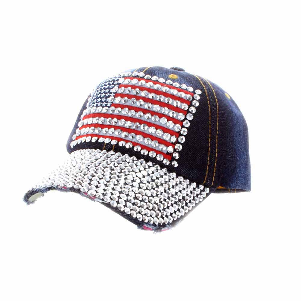 Rhinestone Embellished American Flag Denim Baseball Cap: Dark Blue