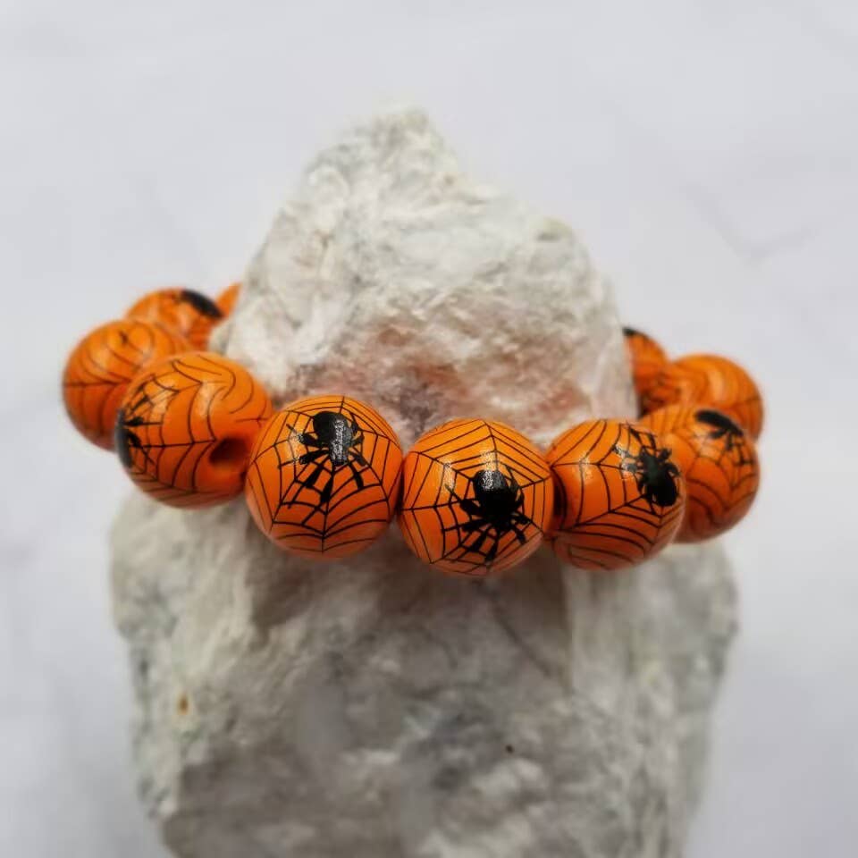 Wood Beaded Spider Goth Halloween Bracelet