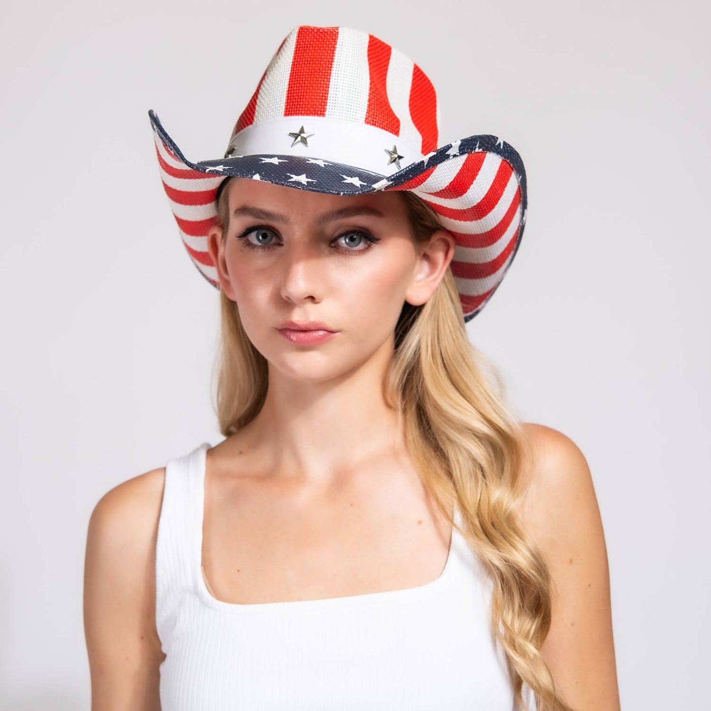 Western Wide Brim Paper Braid Cowboy Hat with Star Studs: White