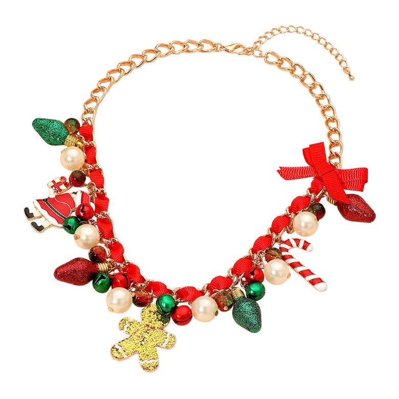 Holiday Santa Gingerbread Man Candy Cane Pearl Bow Charm Beaded Necklace: Gold Green Red