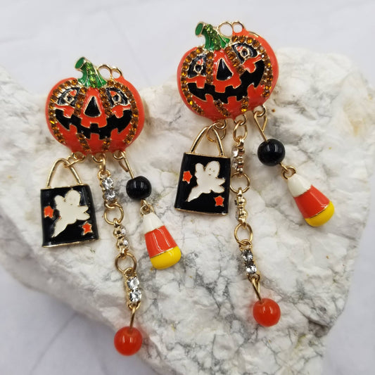 Halloween Pumpkin Ghost Crystal Dangle Earrings