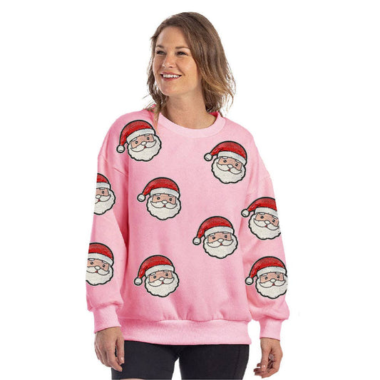Sequined SANTA FACE Patches Sweatshirt: Light Pink / XL