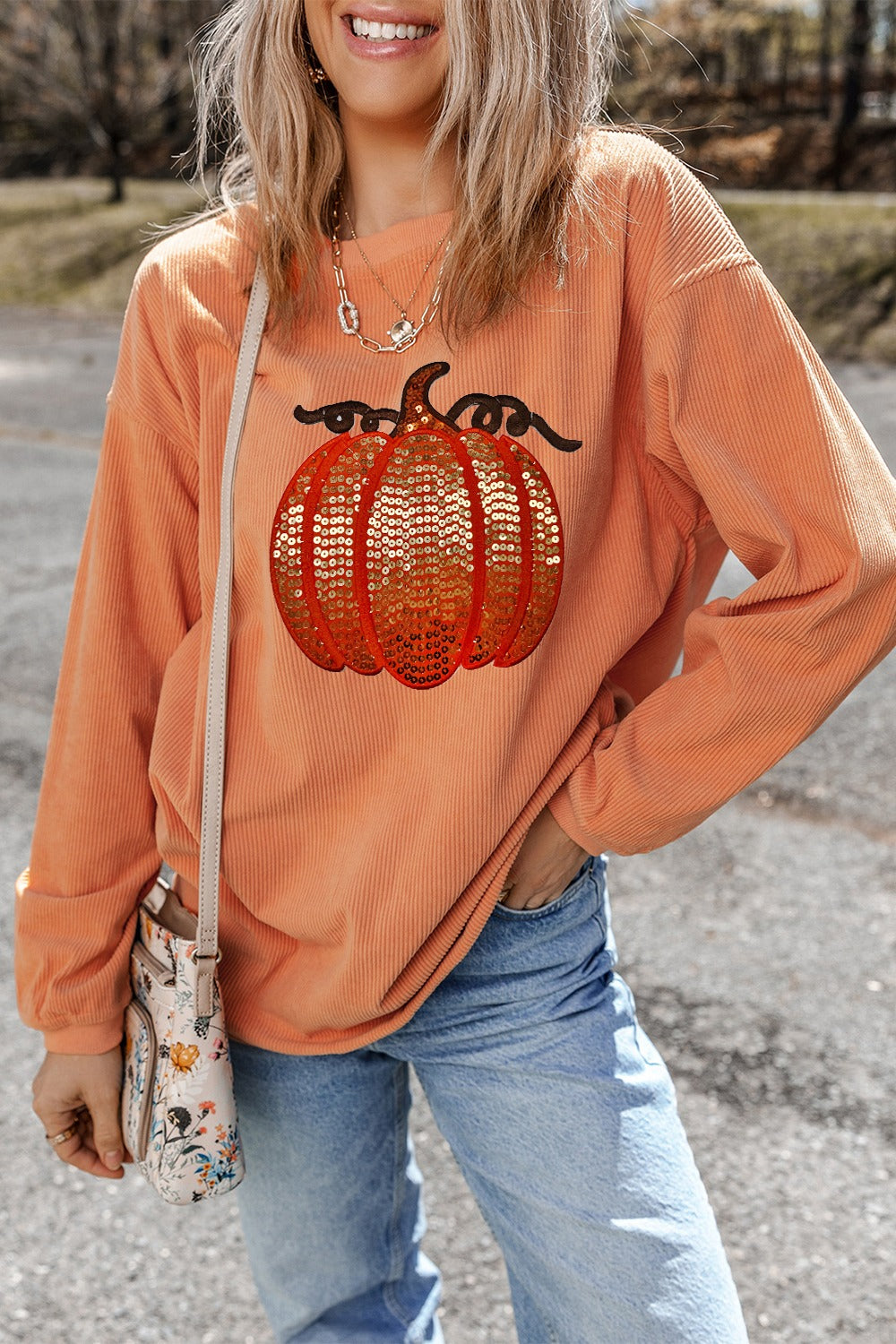 Sequin Pumpkin Round Neck Long Sleeve Sweatshirt