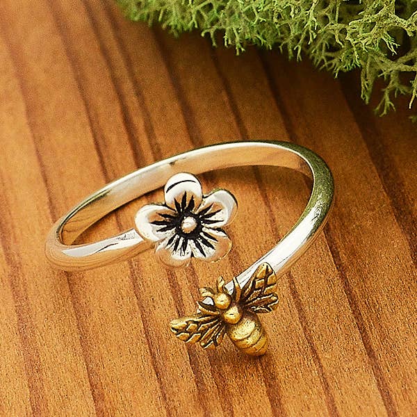 Sterling Silver Adjustable Ring - Flower and Bee Ring