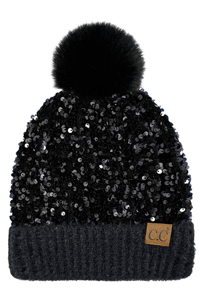 C.C Sequin Fur Pom Beanie